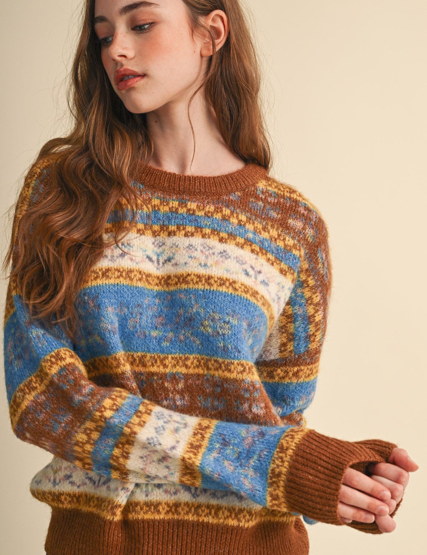 Floral Latitude Fair Isle Sweater in Toffee Ocean Multi - product photo 1