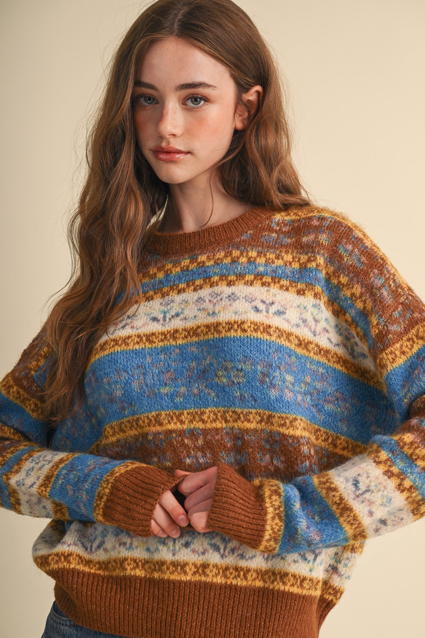 Floral Latitude Fair Isle Sweater in Toffee Ocean Multi - product photo 2