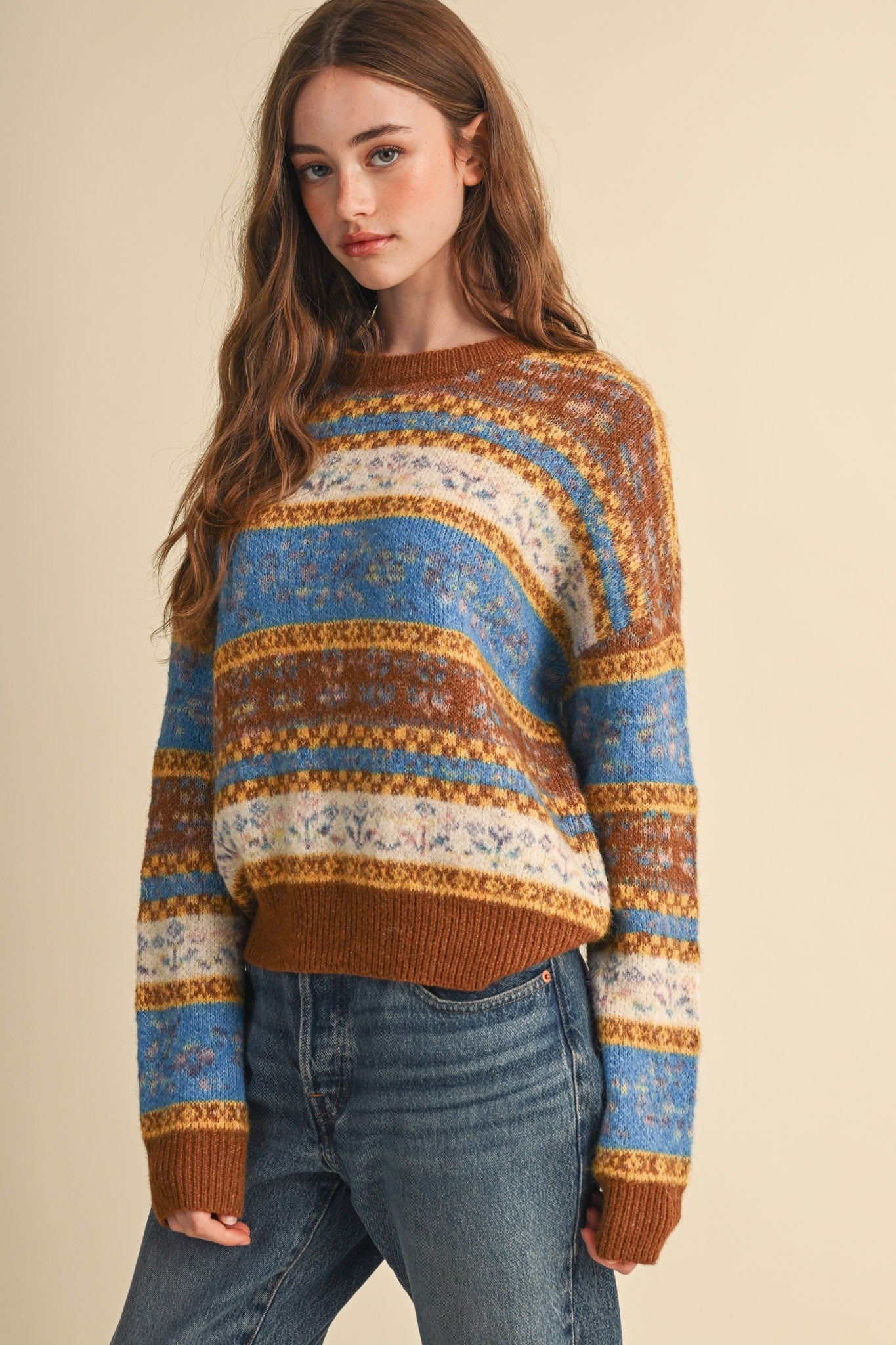Floral Latitude Fair Isle Sweater in Toffee Ocean Multi - product photo 3