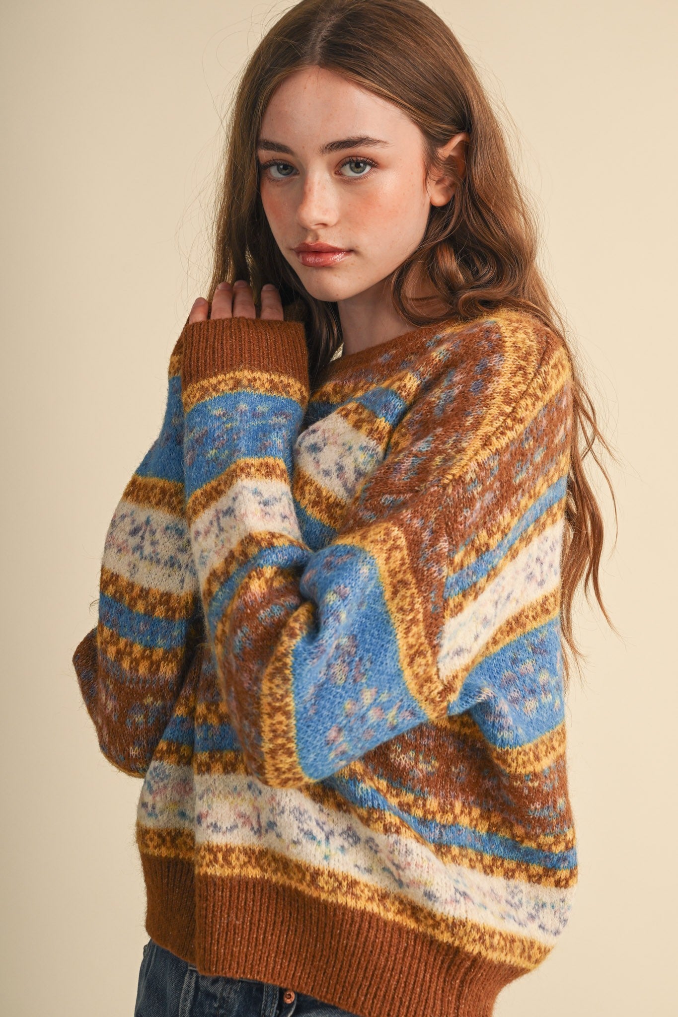 Floral Latitude Fair Isle Sweater in Toffee Ocean Multi - product photo 5