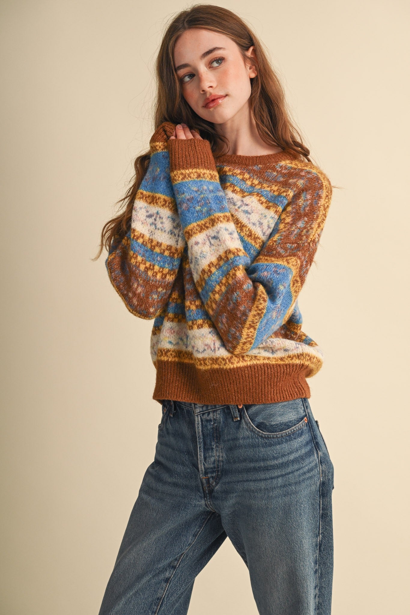 Floral Latitude Fair Isle Sweater in Toffee Ocean Multi - product photo 9