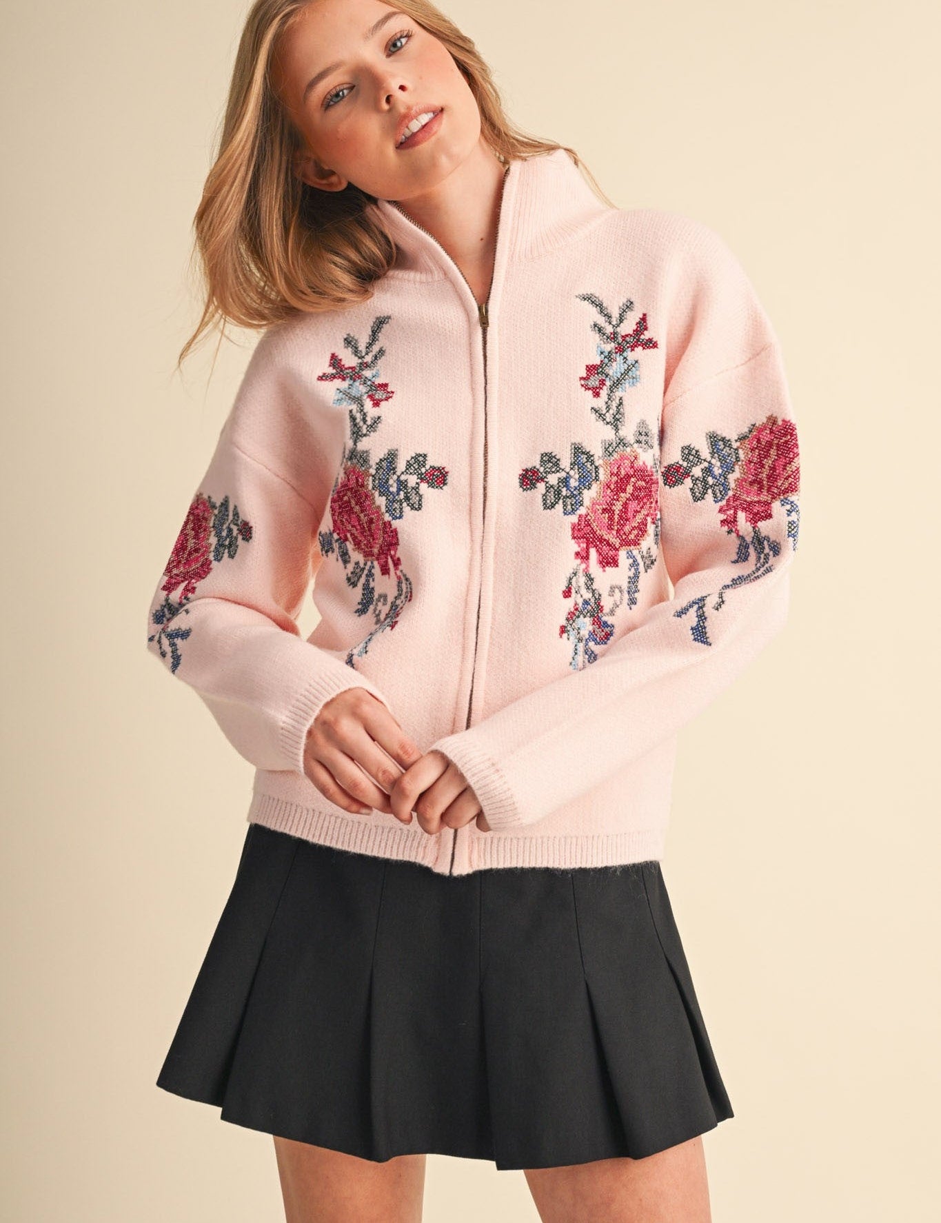 Floral Postage Cross Stitch Floral Zip Cardigan - Westly