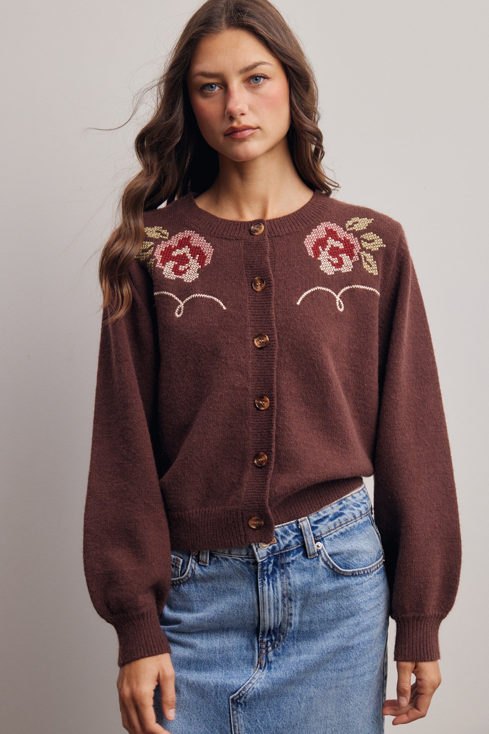 Florentine Floral Embroidered Cardigan in Brown, photo 2