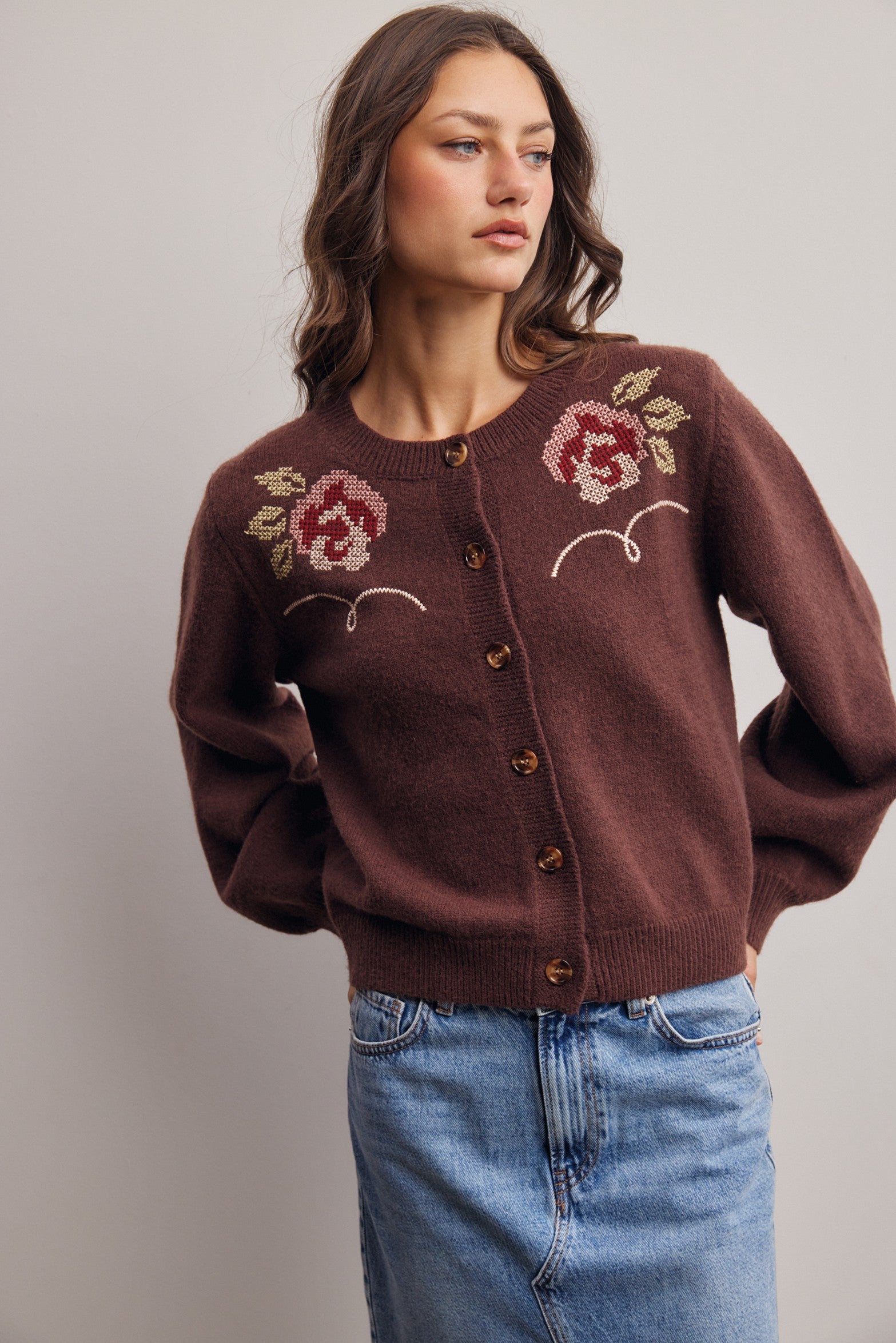 Florentine Floral Embroidered Cardigan in Brown, photo 4