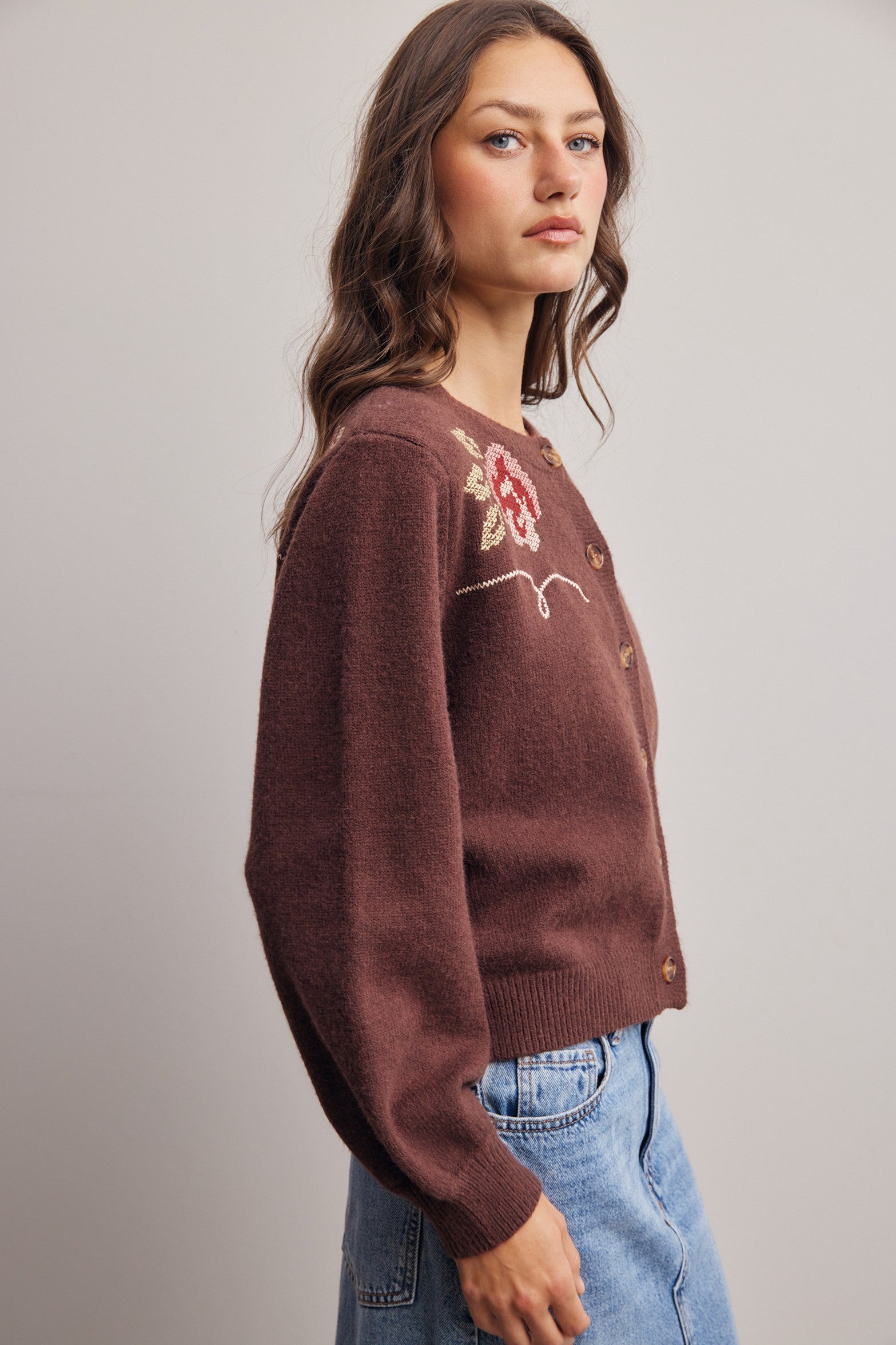 Florentine Floral Embroidered Cardigan in Brown, photo 5