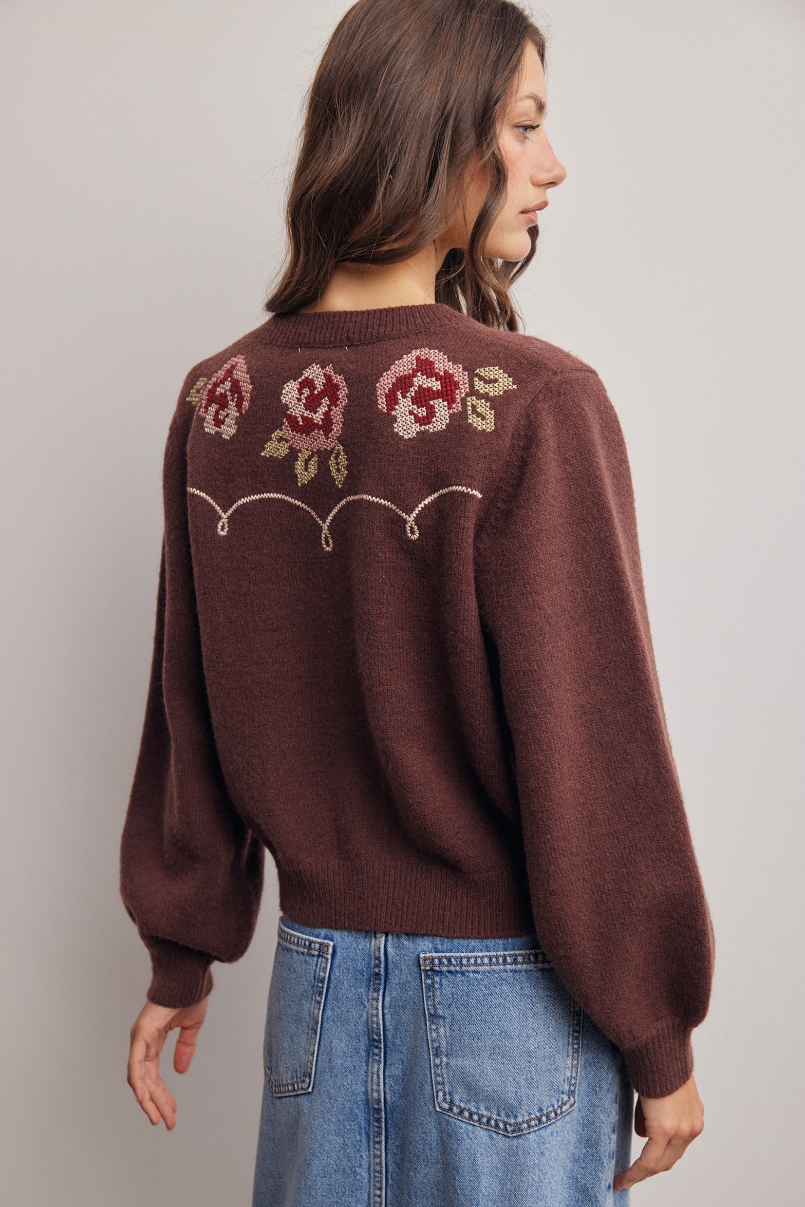 Florentine Floral Embroidered Cardigan in Brown, photo 7