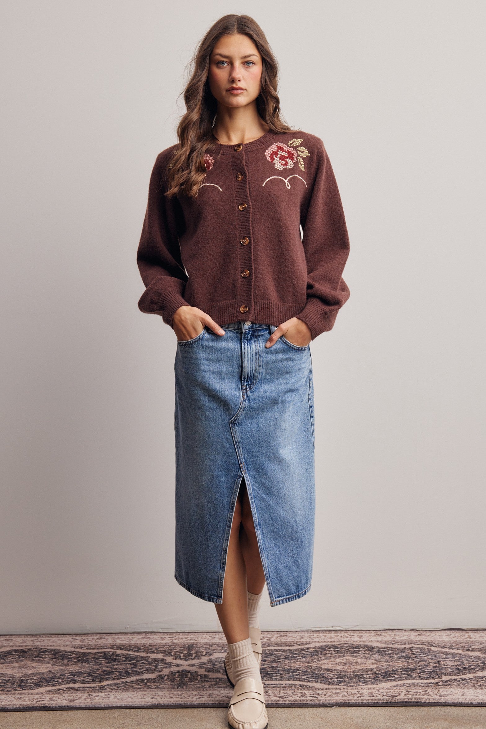 Florentine Floral Embroidered Cardigan in Brown, photo 8