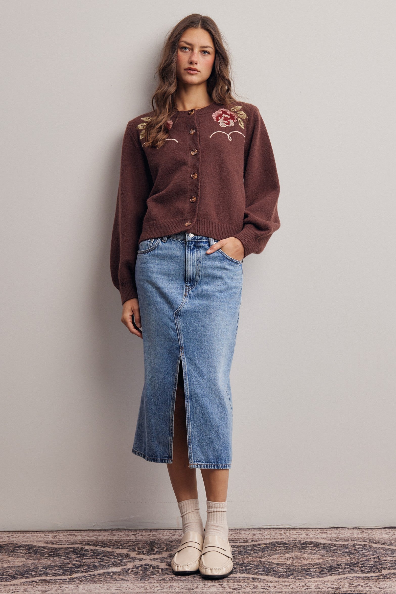Florentine Floral Embroidered Cardigan in Brown, photo 9