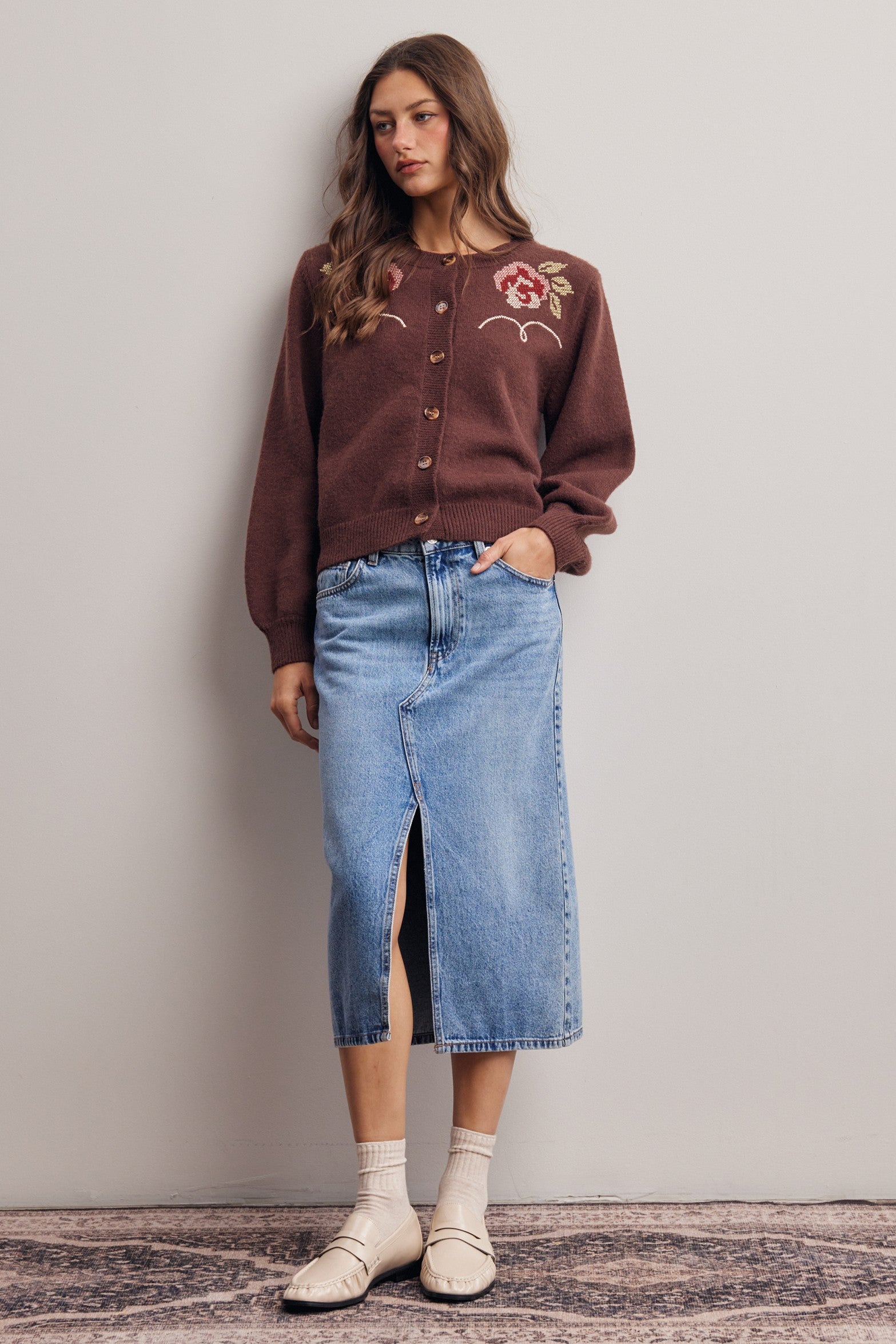 Florentine Floral Embroidered Cardigan in Brown, photo 10
