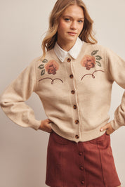 Florentine Floral Embroidered Cardigan in Ecru, photo 1