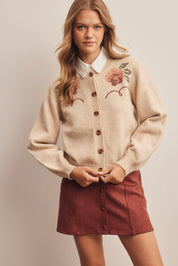Florentine Floral Embroidered Cardigan in Ecru, photo 3