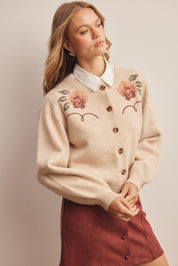 Florentine Floral Embroidered Cardigan in Ecru, photo 5