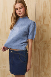 Florine Puff Sleeve Mock Neck Top - Dusty Blue