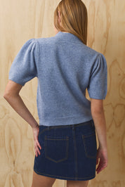 Florine Puff Sleeve Mock Neck Top - Dusty Blue
