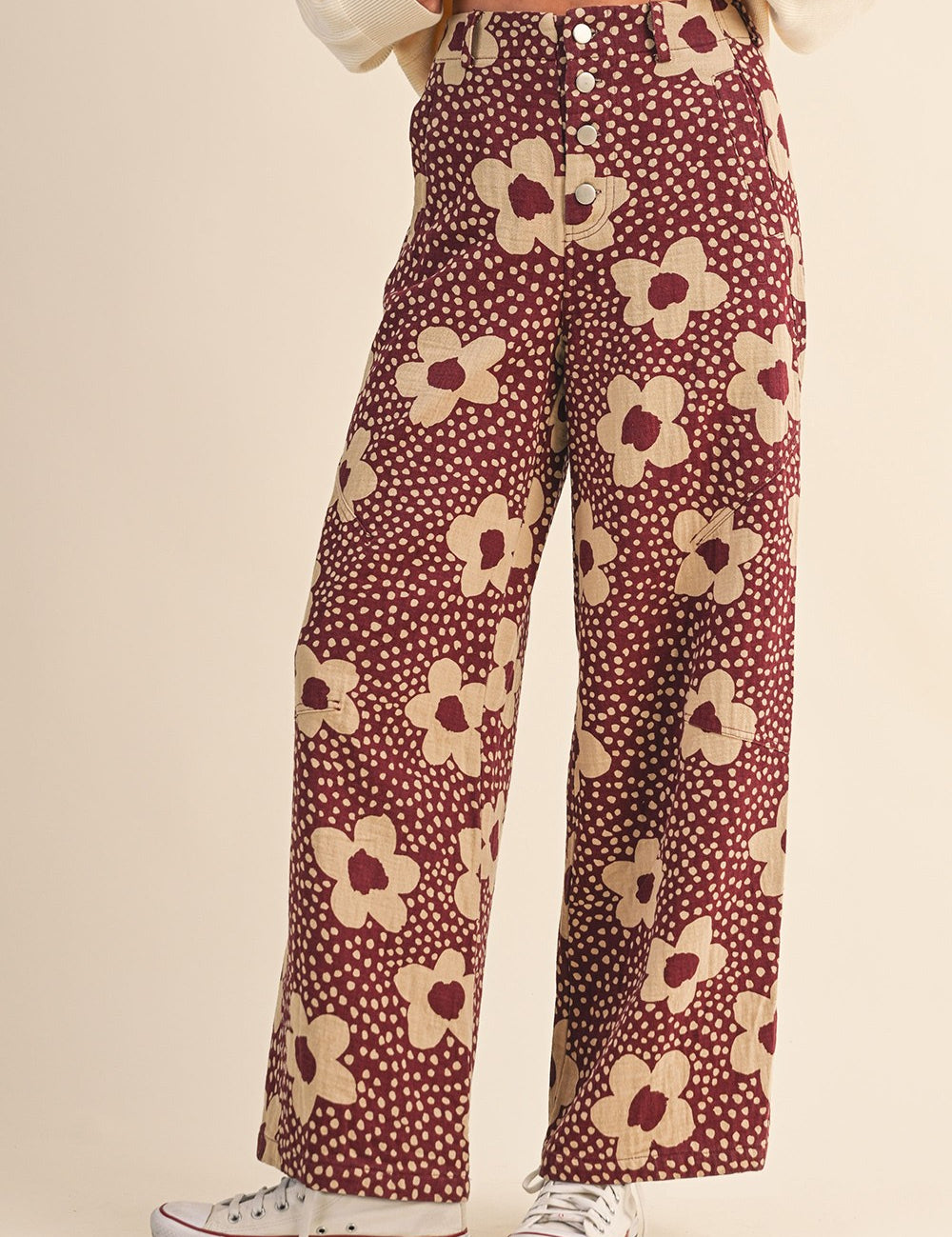 Flower Field Cotton Wide Leg Pants in Burgundy Floral - product photo 1