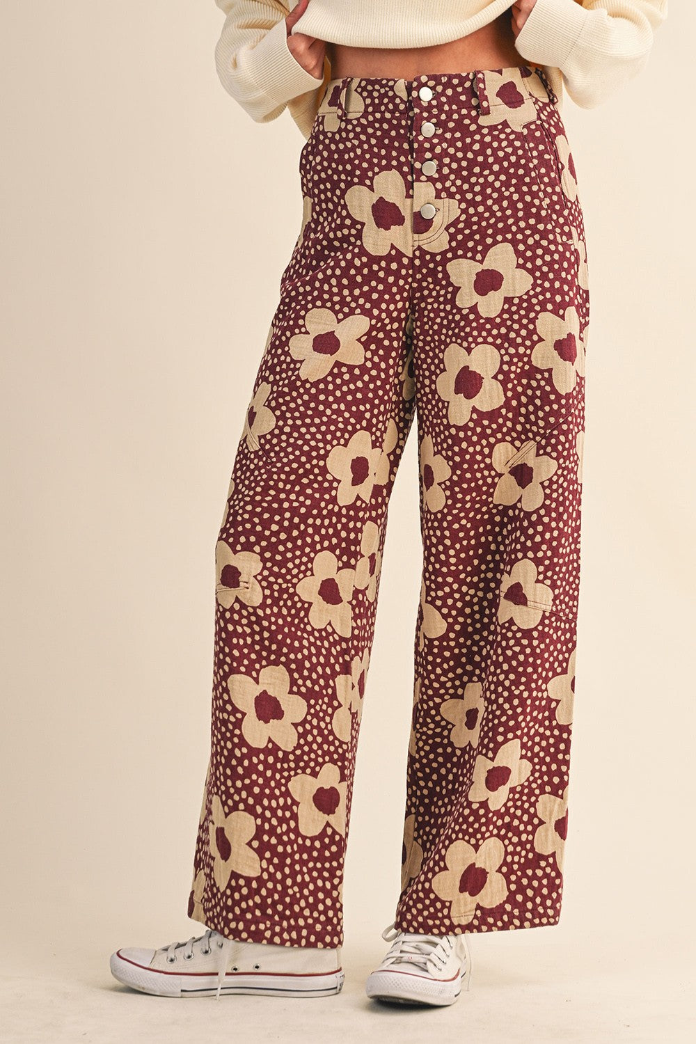 Flower Field Cotton Wide Leg Pants in Burgundy Floral - product photo 1