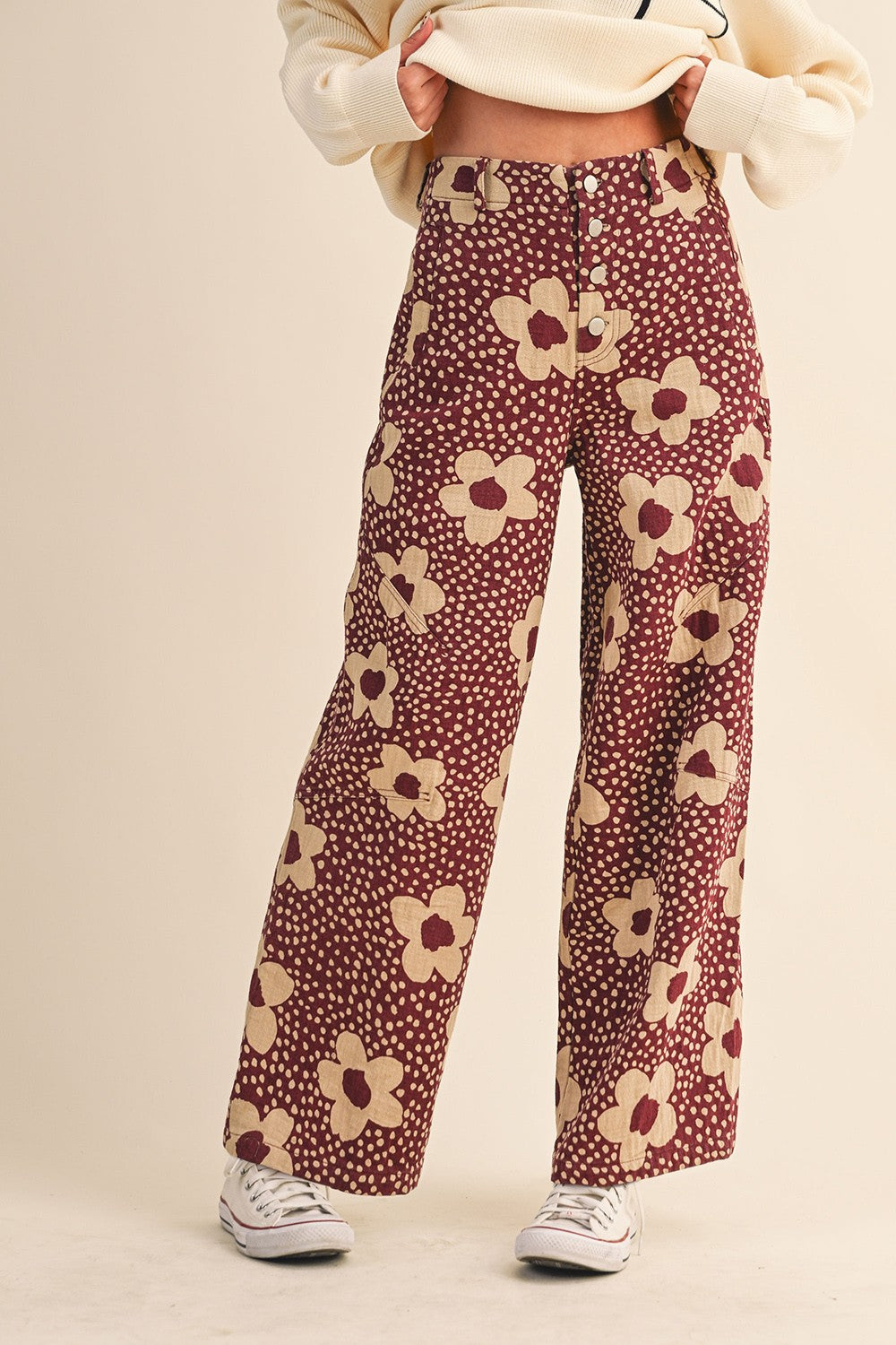 Flower Field Cotton Wide Leg Pants in Burgundy Floral - product photo 2