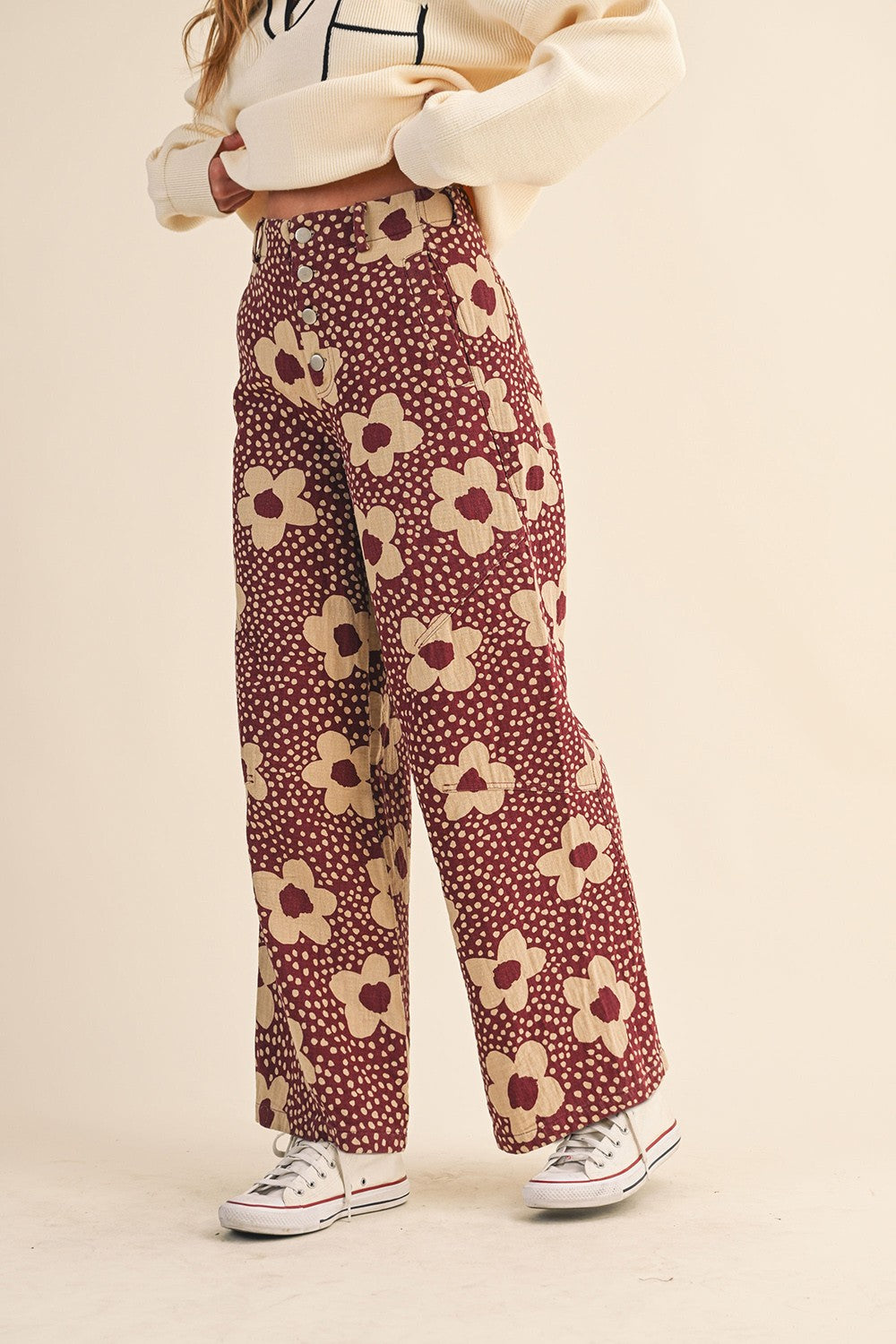 Flower Field Cotton Wide Leg Pants in Burgundy Floral - product photo 3