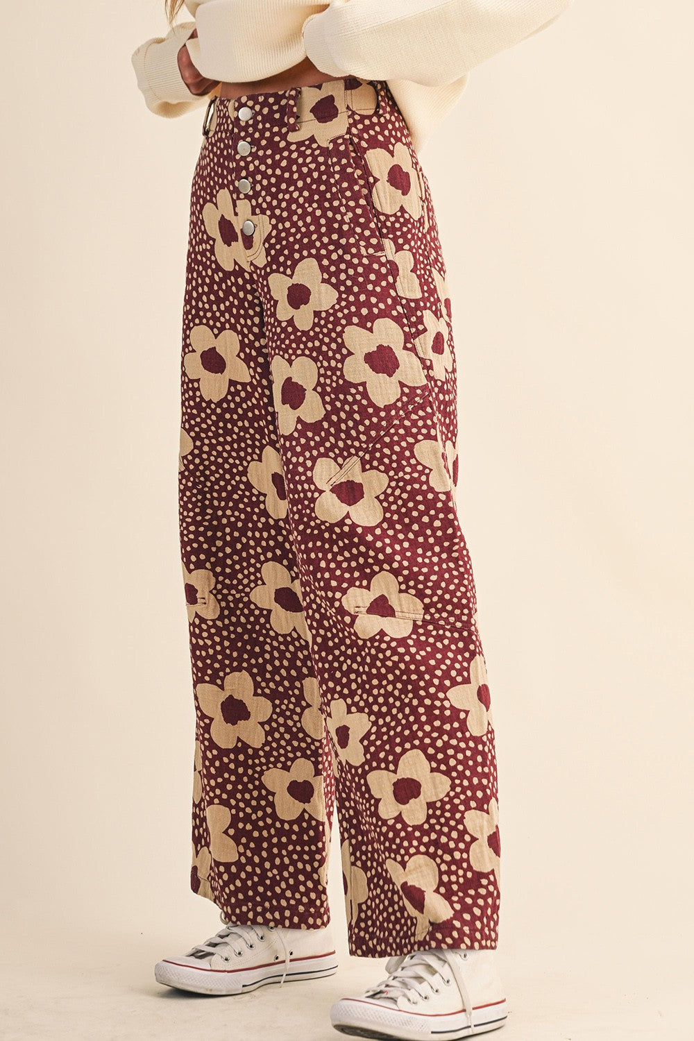 Flower Field Cotton Wide Leg Pants in Burgundy Floral - product photo 4