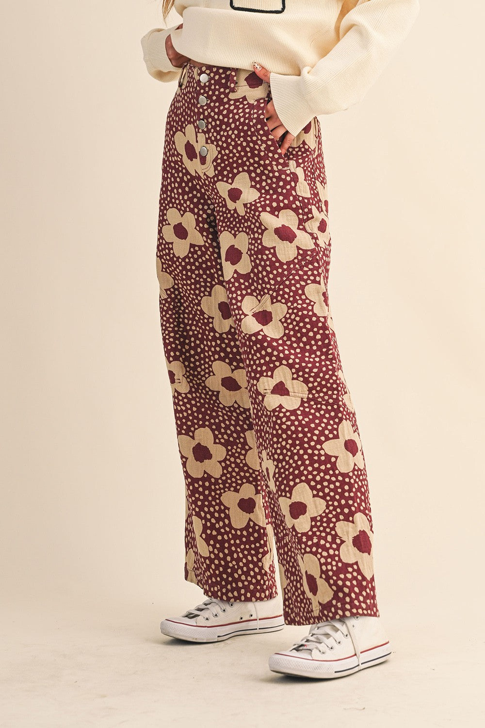 Flower Field Cotton Wide Leg Pants in Burgundy Floral - product photo 5