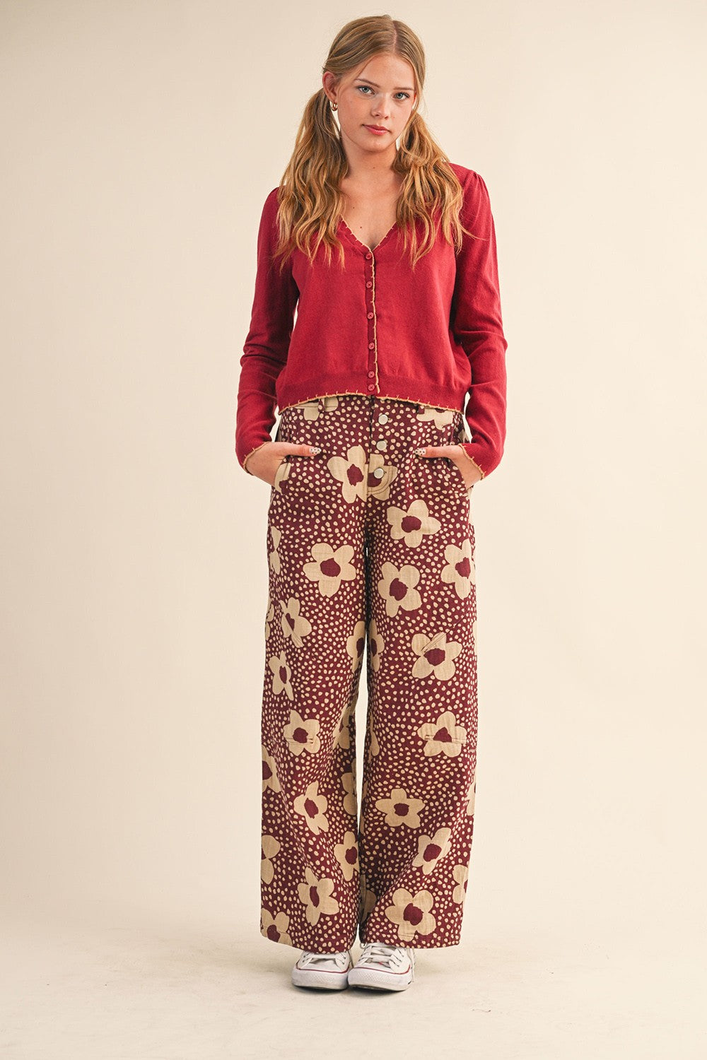 Flower Field Cotton Wide Leg Pants in Burgundy Floral - product photo 10