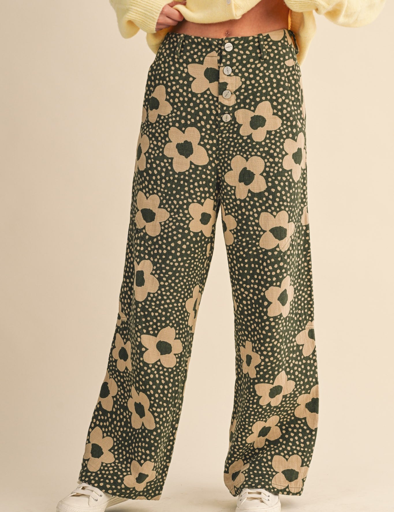 Flower Field Cotton Wide Leg Pants in Olive Floral - product photo 1
