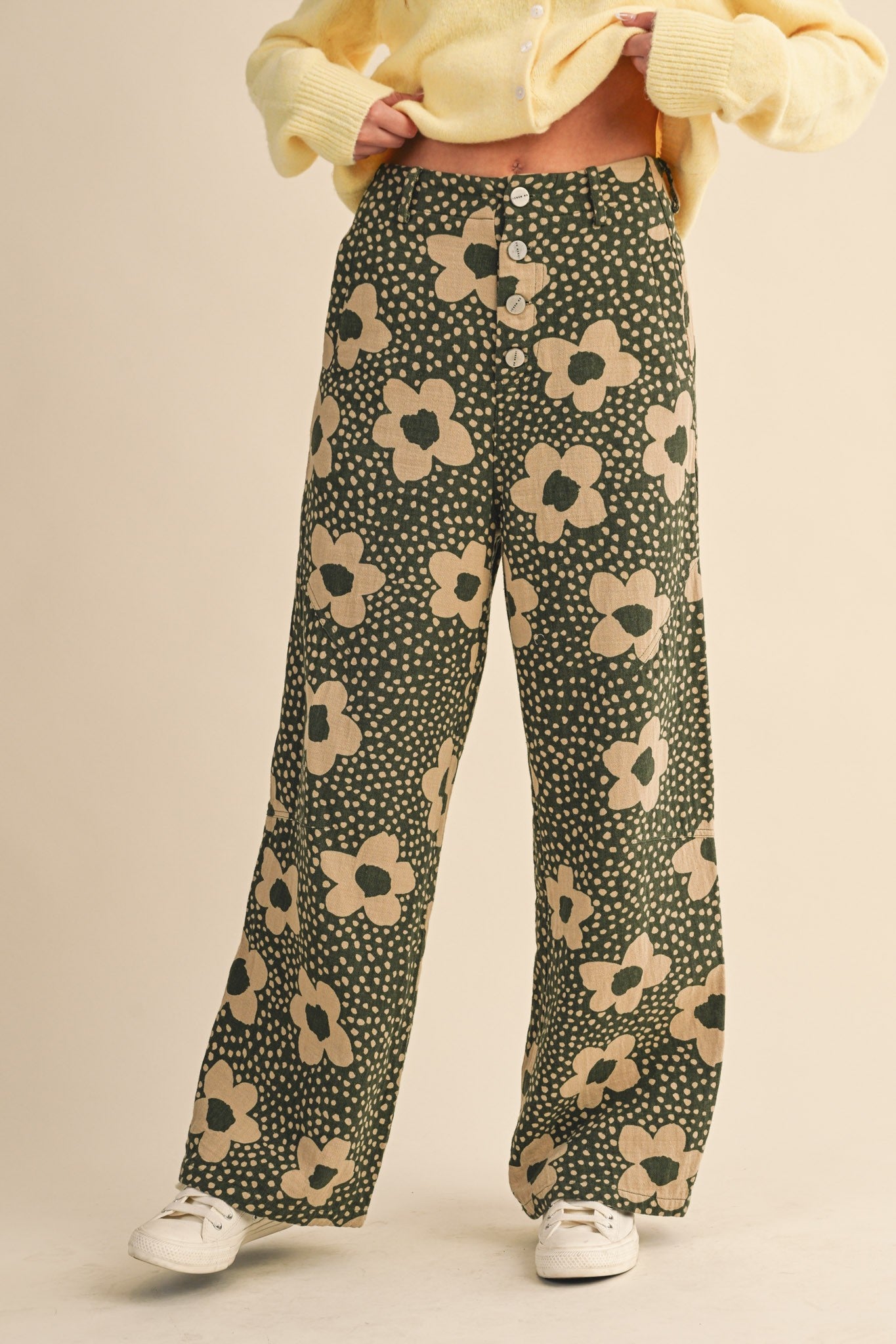 Flower Field Cotton Wide Leg Pants in Olive Floral - product photo 1