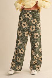 Flower Field Cotton Wide Leg Pants in Olive Floral - product photo 1