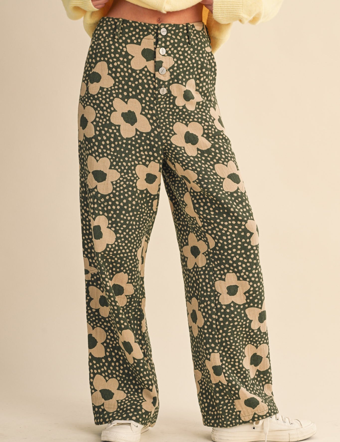 Flower Field Cotton Wide Leg Pants in Olive Floral - product photo 2