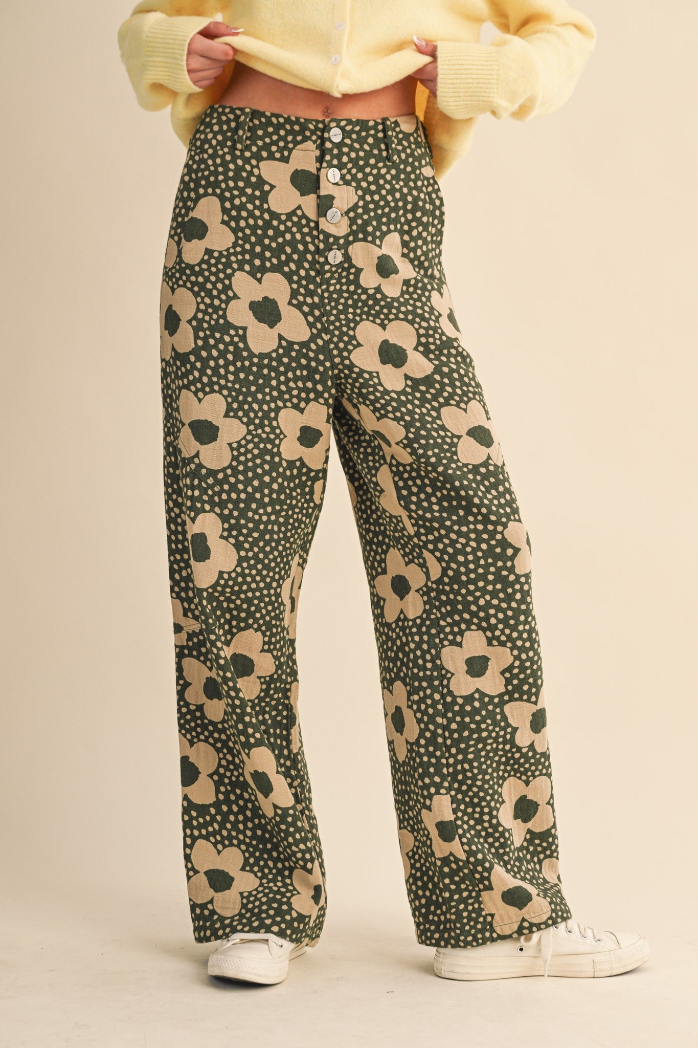 Flower Field Cotton Wide Leg Pants in Olive Floral - product photo 2