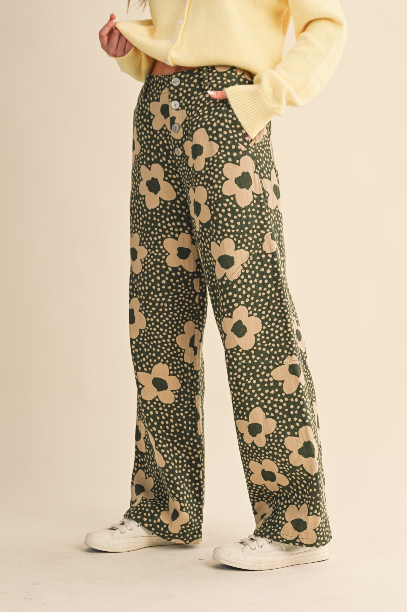 Flower Field Cotton Wide Leg Pants in Olive Floral - product photo 3