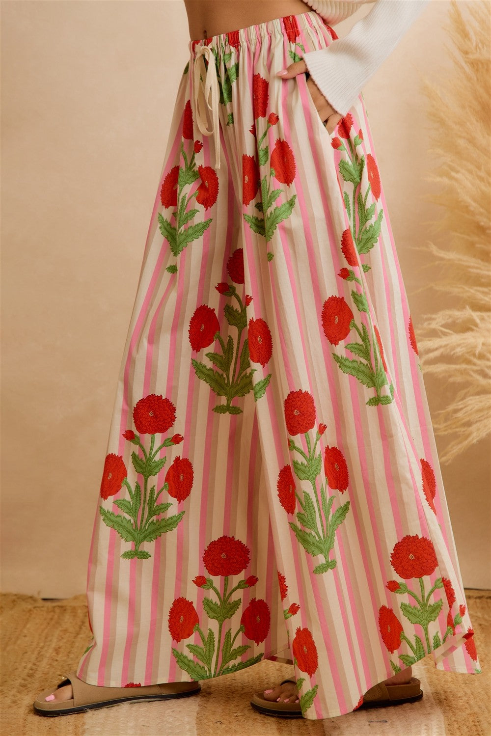 Flower Market Day Floral Stripe Wide Leg Pants in Red Pink, photo 1