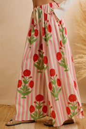 Flower Market Day Floral Stripe Wide Leg Pants in Red Pink, photo 1