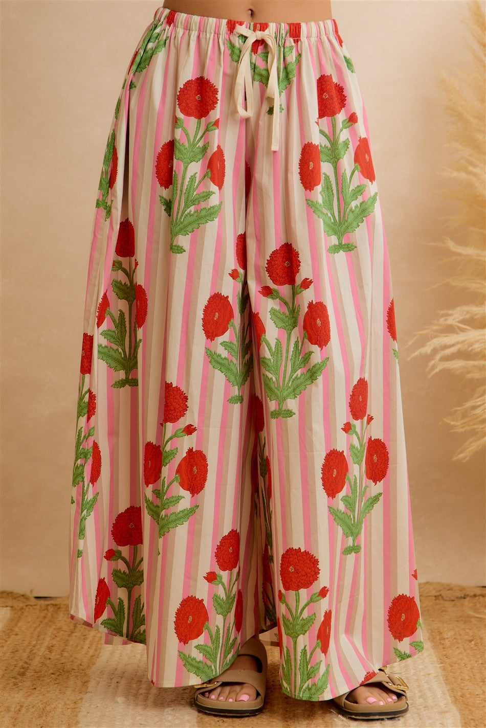 Flower Market Day Floral Stripe Wide Leg Pants in Red Pink, photo 2