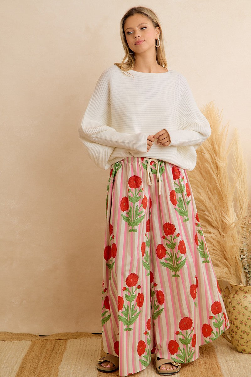 Flower Market Day Floral Stripe Wide Leg Pants in Red Pink, photo 3