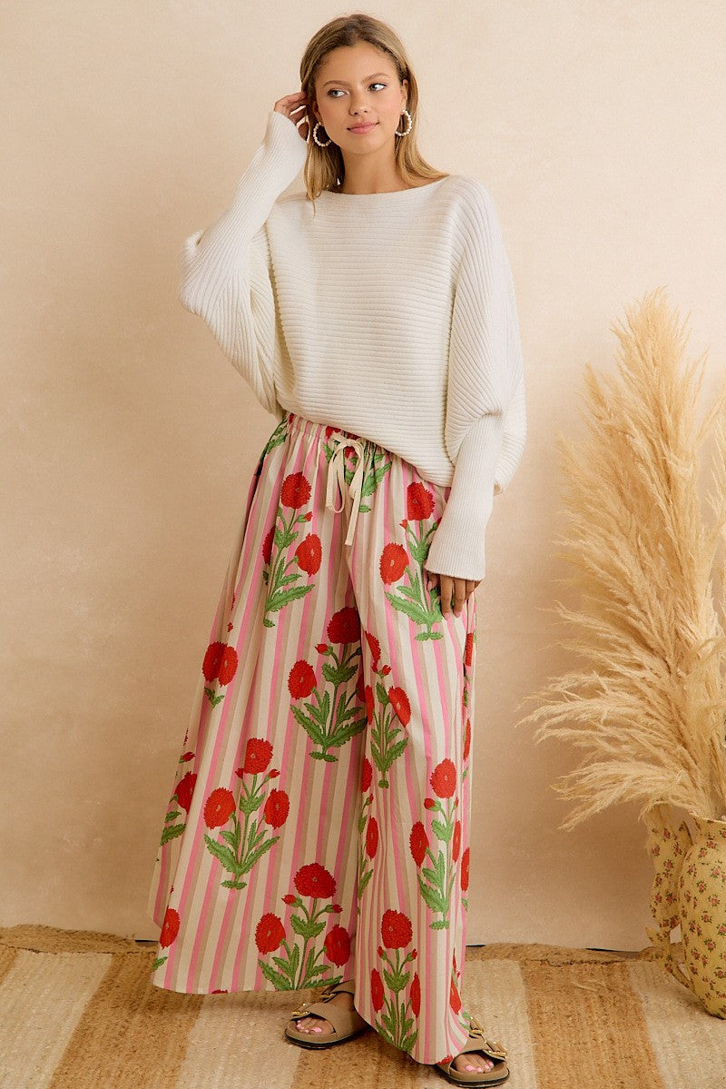 Flower Market Day Floral Stripe Wide Leg Pants in Red Pink, photo 6