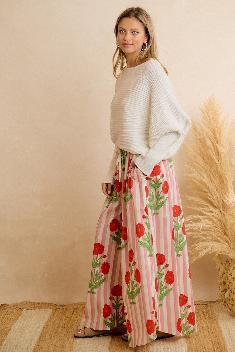 Flower Market Day Floral Stripe Wide Leg Pants in Red Pink, photo 7