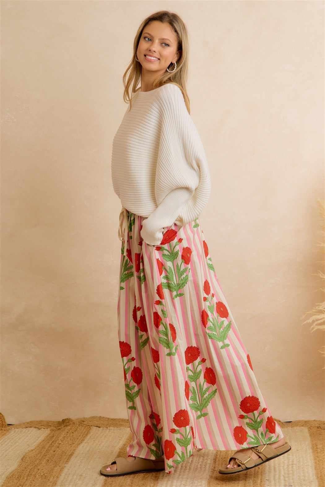 Flower Market Day Floral Stripe Wide Leg Pants in Red Pink, photo 8