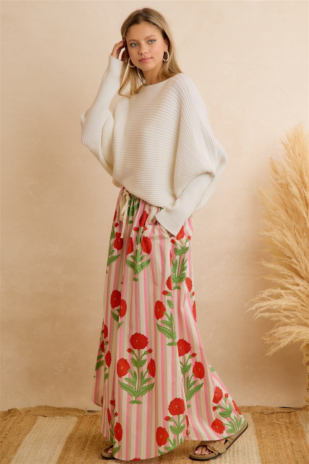 Flower Market Day Floral Stripe Wide Leg Pants in Red Pink, photo 9