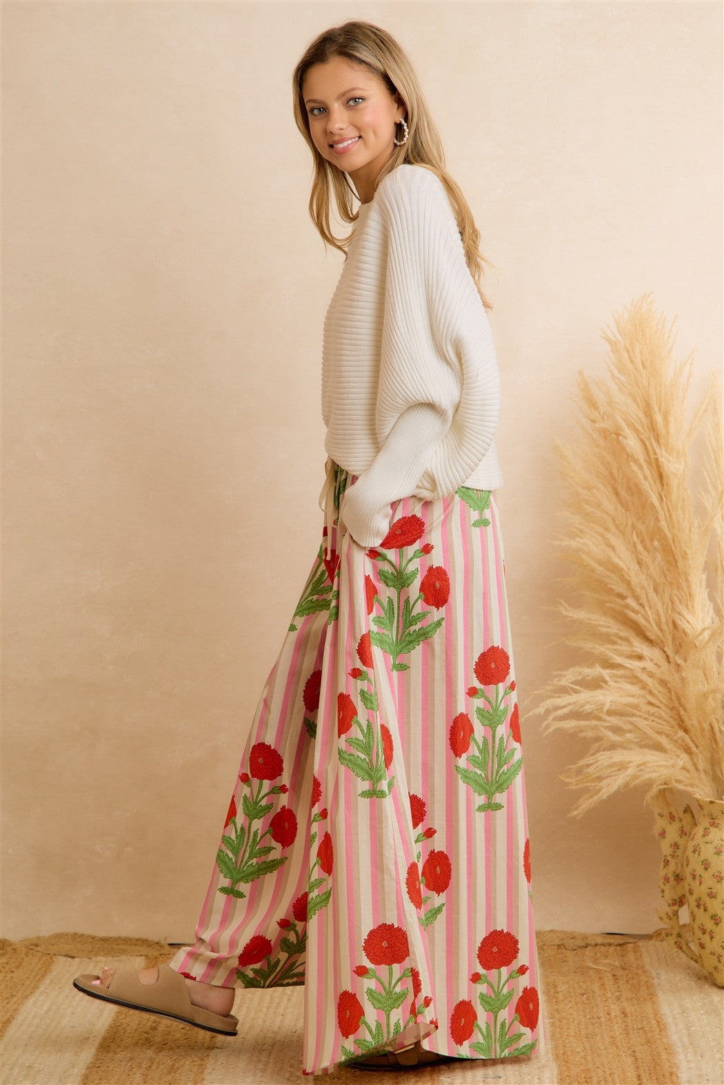 Flower Market Day Floral Stripe Wide Leg Pants in Red Pink, photo 10