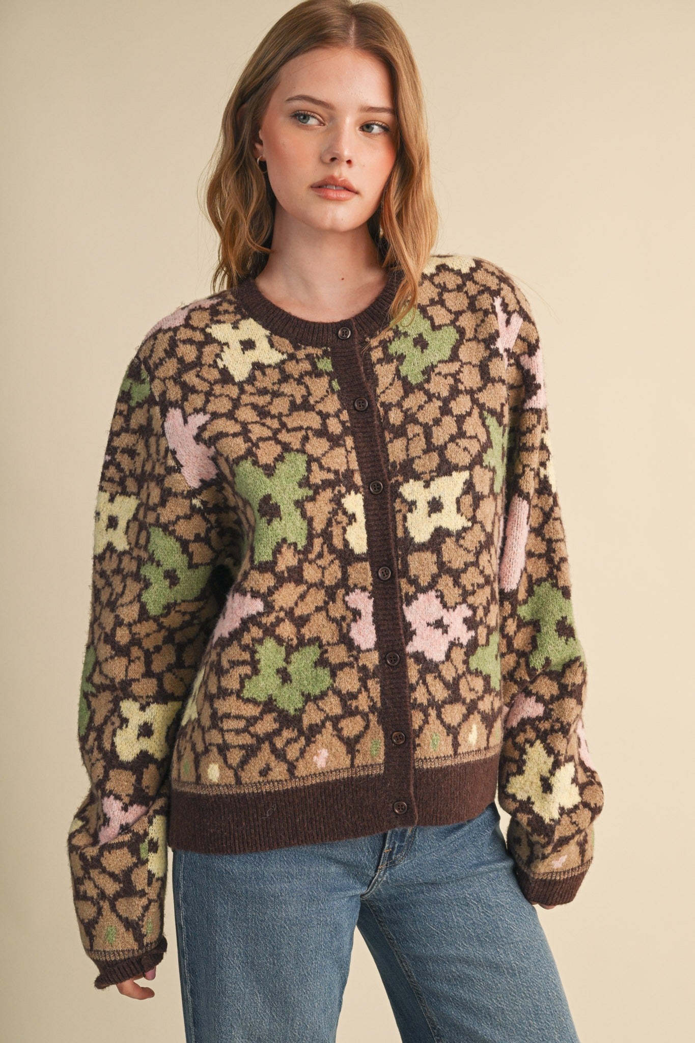 Flower Mosaic Contrast Cardigan in Mocha Brown Multi - product photo 1