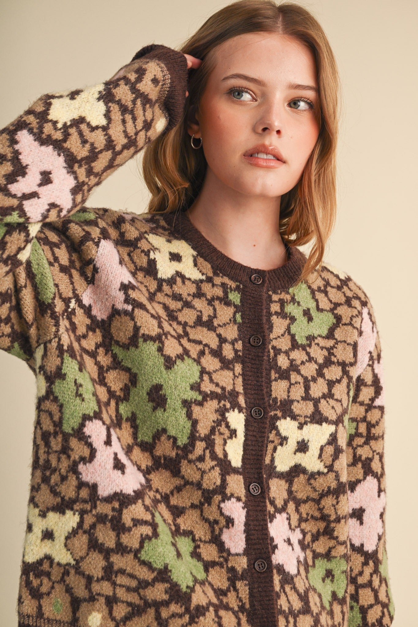 Flower Mosaic Contrast Cardigan in Mocha Brown Multi - product photo 2