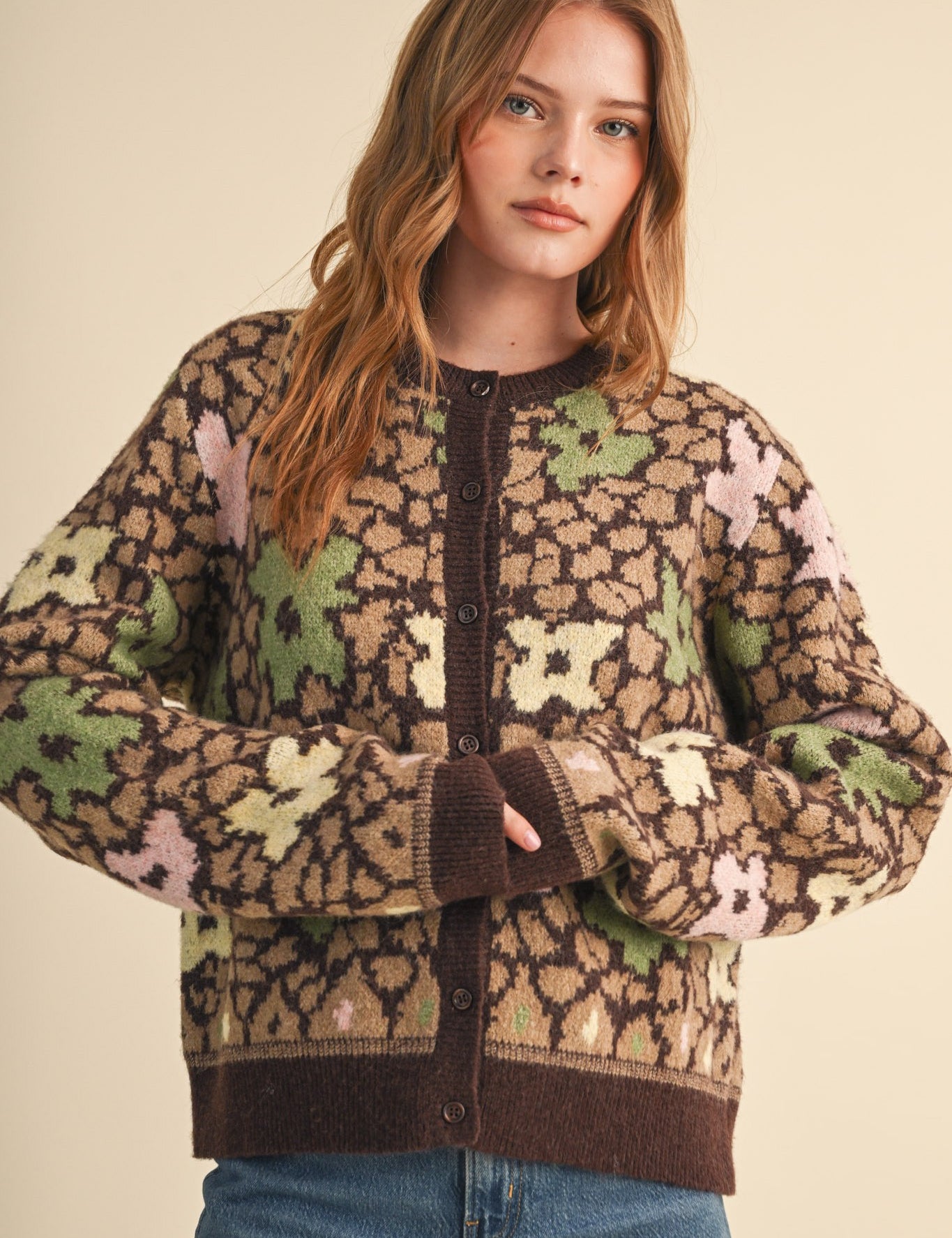 Flower Mosaic Contrast Cardigan in Mocha Brown Multi - product photo 3