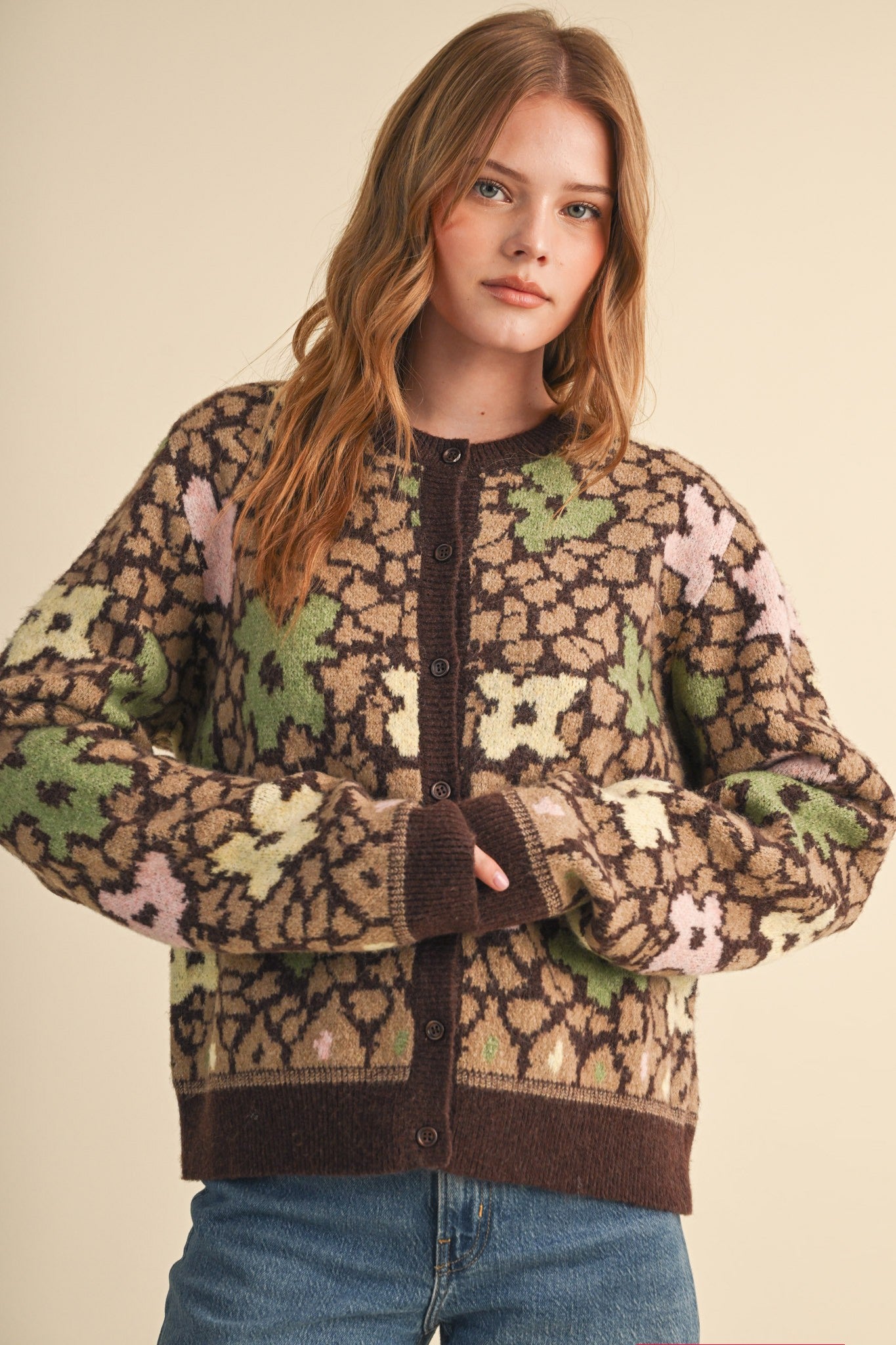 Flower Mosaic Contrast Cardigan in Mocha Brown Multi - product photo 3