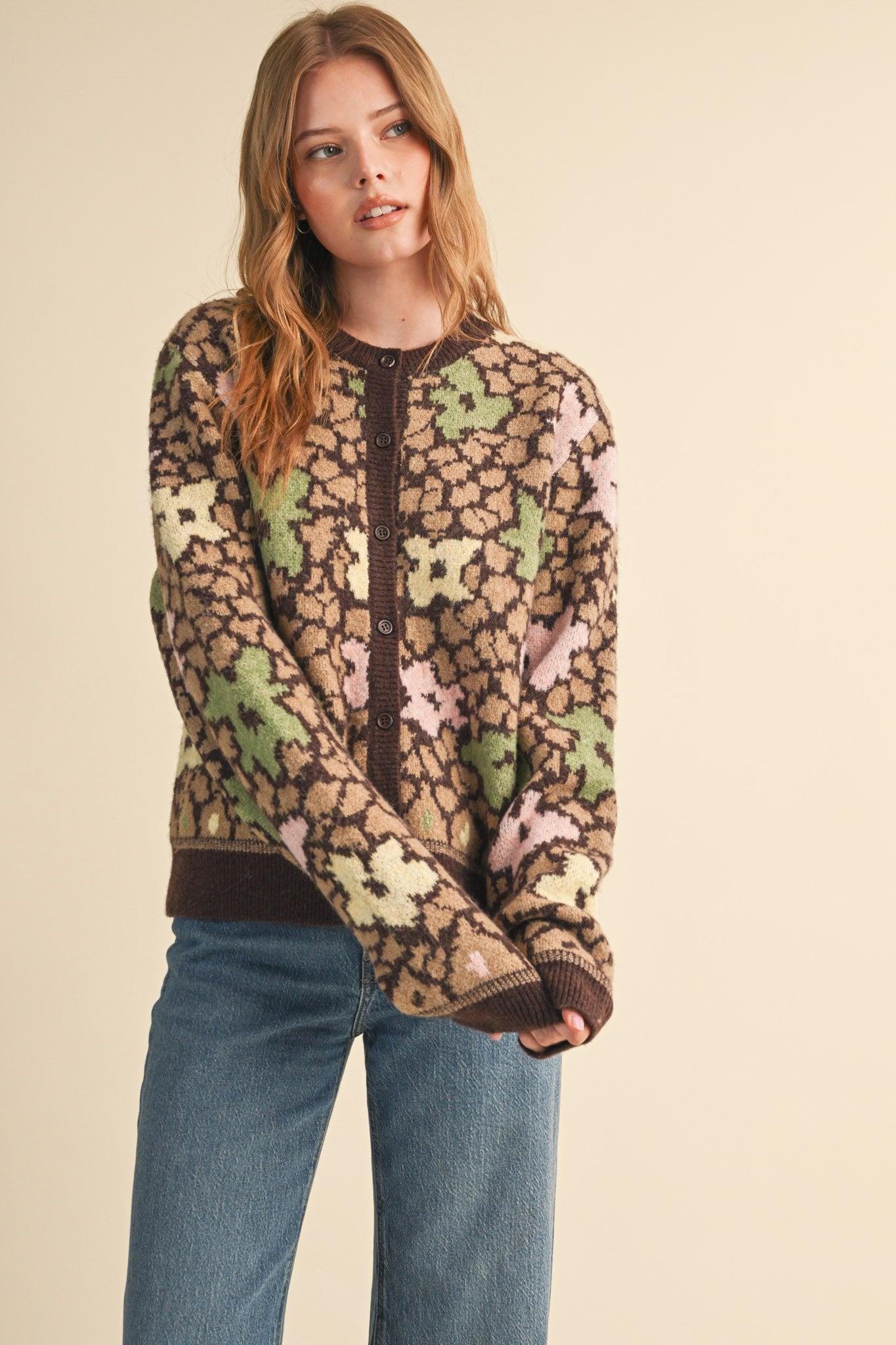 Flower Mosaic Contrast Cardigan in Mocha Brown Multi - product photo 4