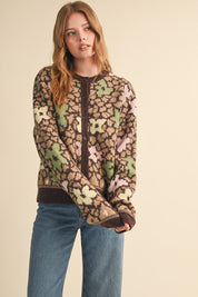 Flower Mosaic Contrast Cardigan in Mocha Brown Multi - product photo 4