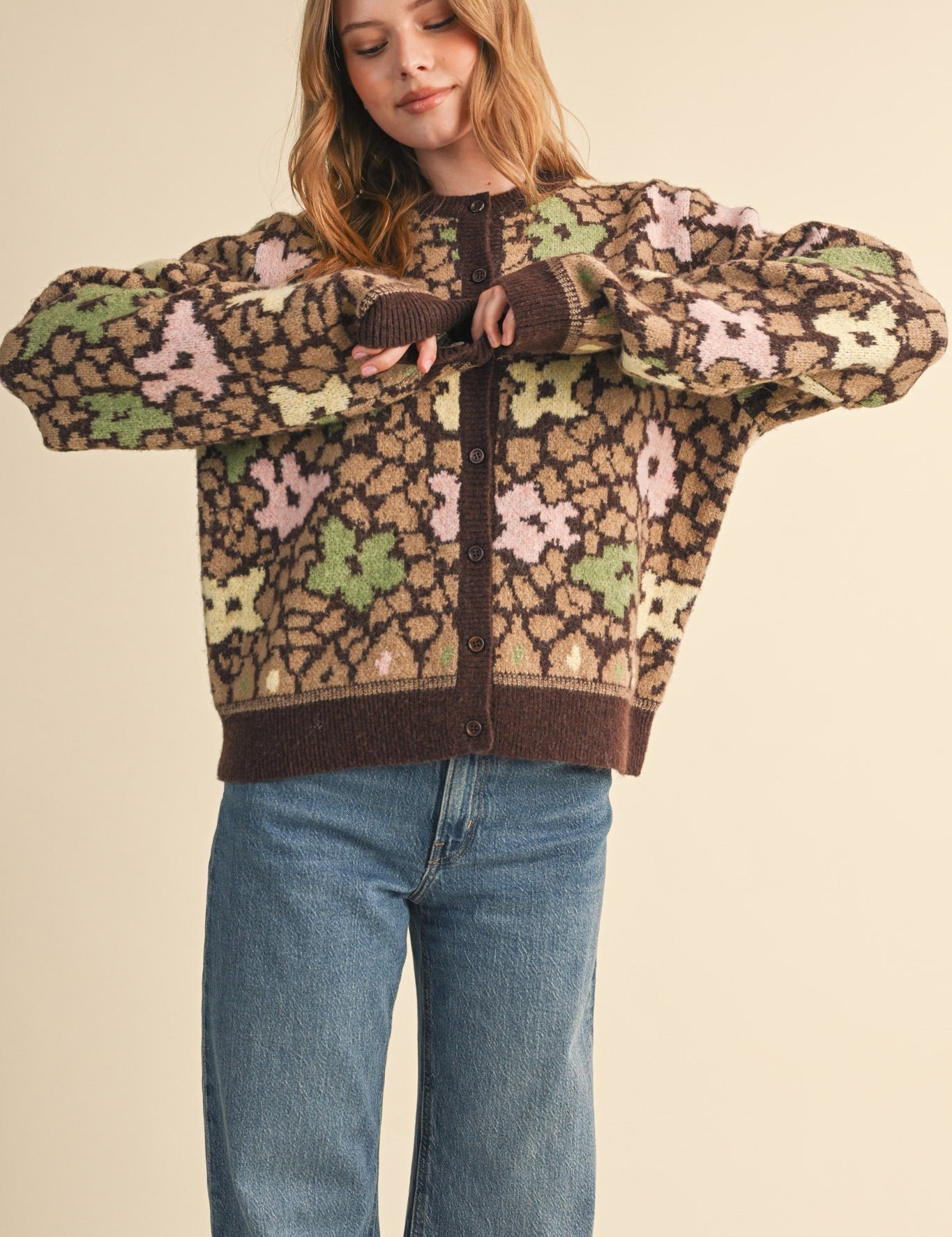 Flower Mosaic Contrast Cardigan in Mocha Brown Multi - product photo 5