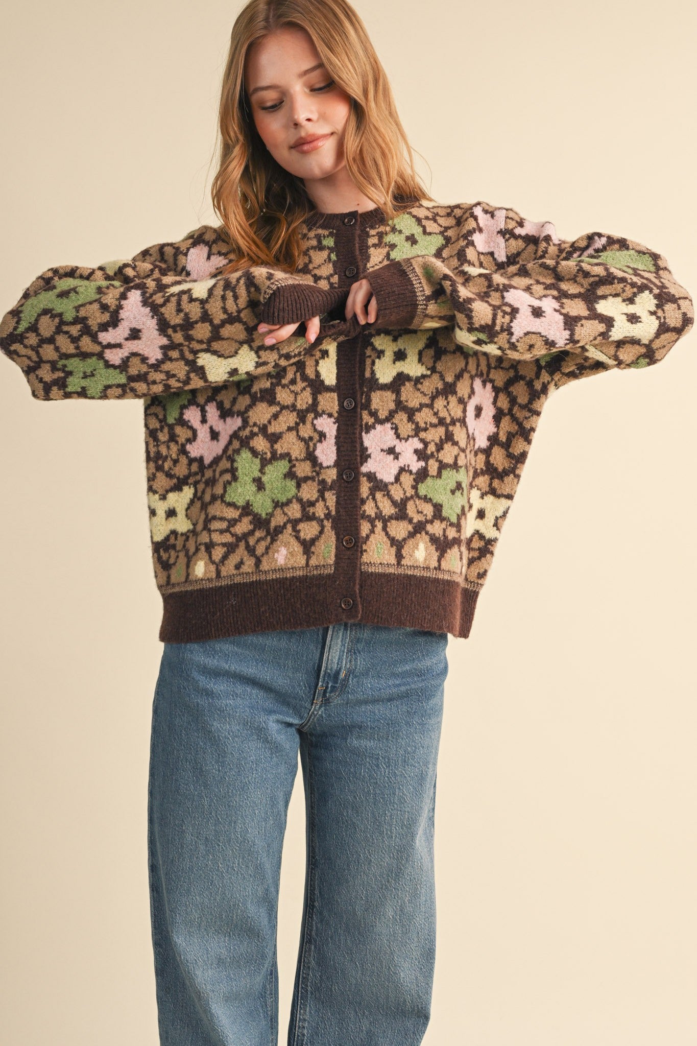 Flower Mosaic Contrast Cardigan in Mocha Brown Multi - product photo 5