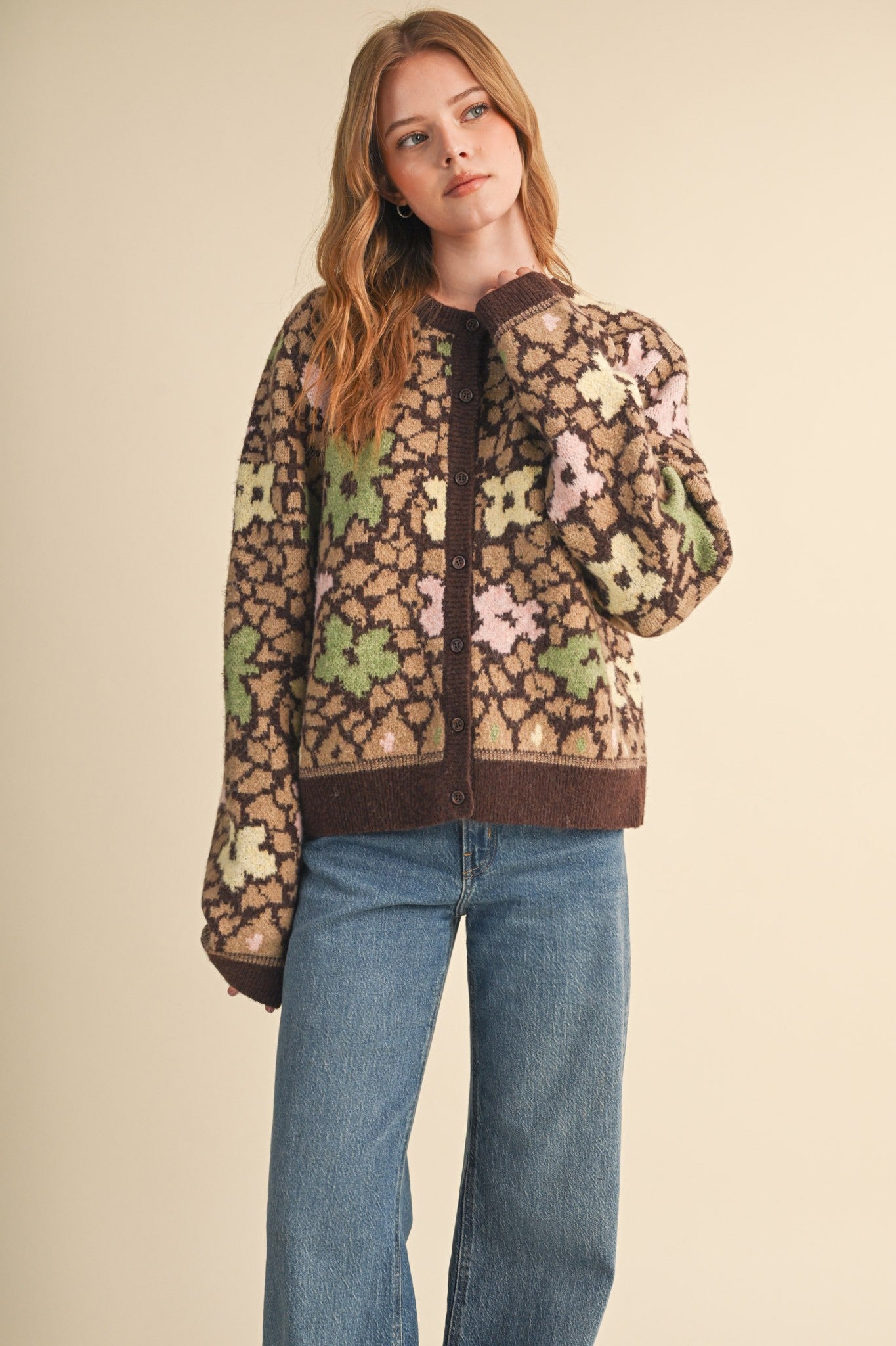 Flower Mosaic Contrast Cardigan in Mocha Brown Multi - product photo 6