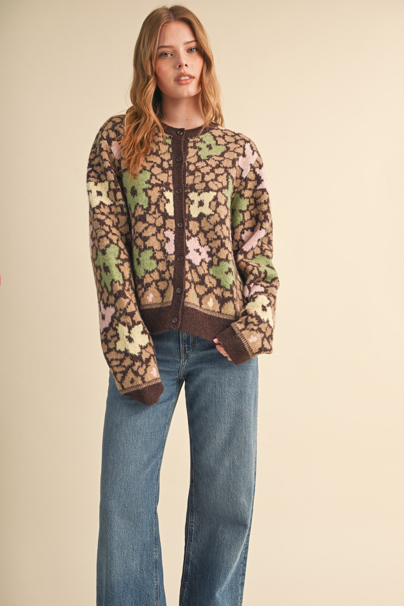 Flower Mosaic Contrast Cardigan in Mocha Brown Multi - product photo 7